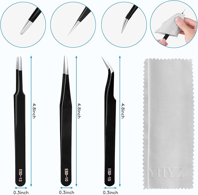 YHYZ 3PCS Precision Tweezers Set, Premium Stainless Steel Anti-Static ESD Tweezes, Suitable for Tweezers, for Craft, Electronic, Soldering, Model, Hobby, Jewelry Making Laboratory