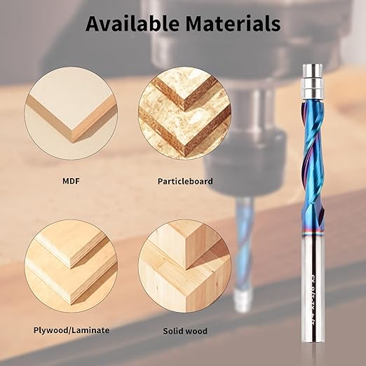 EANOSIC 5PCS Upcut Spiral Flush Trim Router Bit, 1/4 Inch Shank Solid Carbide Flush Trim Router Bits CNC Spiral Bit with Nano Blue Coating(1/4" Shank Up-Cut)
