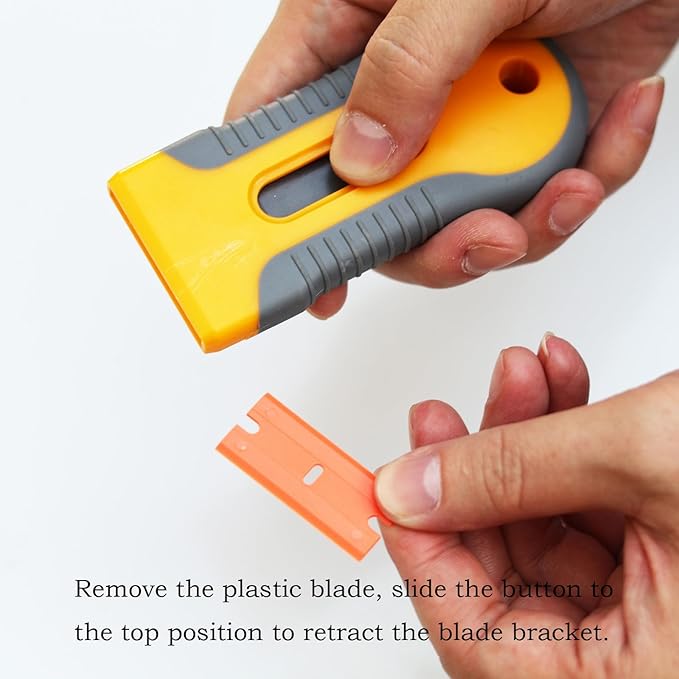 WEGAZ-2PCS Retractable Plastic Razor Blade Scraper with 100PCS Plastic Blades for Gasket Remover, Labels Decal and Adhesive Remover for Windows and Glass