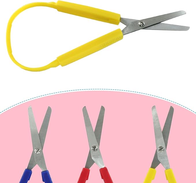 6Pcs Loop Grip Scissors, 7.7 Inch Colorful Adaptive Scissors, Self-Opening HoopScissors for Special Needs, Schools Teaching, Preschool（Yellow,Red, Blue）