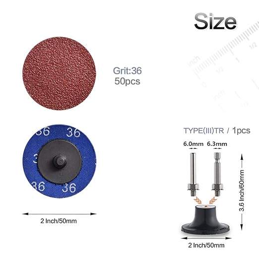 NYXCL Miroku 50Pcs P36 2 inch Quick Change Discs Set, A/O Sanding Discs with 1/4" Holder, for Die Grinder Surface Prep Strip Grind Polish Finish Burr Rust Paint Removal