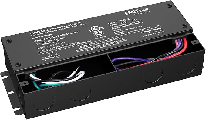 EMITEVER Dimmable Led Driver, 80W AC 110V-277V to DC 24V Transformer, 5-in-1 Dimming: ELV/MLV/TRIAC / 0-10V / 1-10V / 10V PWM/Potentiometer,Class 2,Waterproof IP67 and UL Listed竊똂lass 2