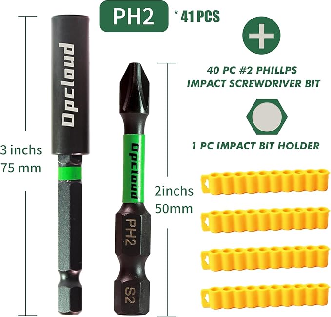 Impact #2 Phillips Screwdriver Bit Set, 41 Pieces 2?쒾2 Steel Magnetic PH2 Tips Driver Power Bit Set with Extension Impact Bit Holder