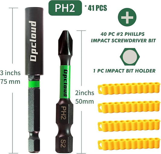 Impact #2 Phillips Screwdriver Bit Set, 41 Pieces 2?쒾2 Steel Magnetic PH2 Tips Driver Power Bit Set with Extension Impact Bit Holder