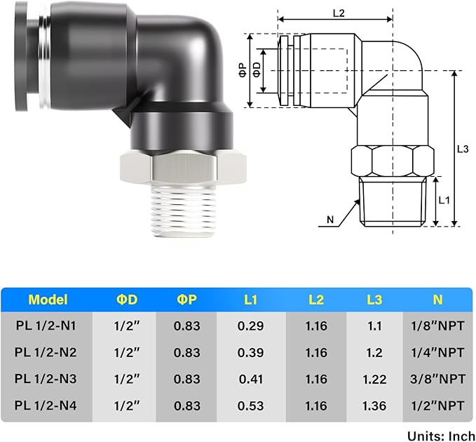 TAILONZ PNEUMATIC Male Elbow 1/2 Inch Tube OD x 1/4 Inch NPT Thread 90 Push to Connect Fittings PL-1/2-N2 (Pack of 2)