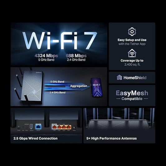 TP-Link Dual-Band BE5000 WiFi 7 Router Archer BE260 | 5-Stream 5Gbps | 1횞2.5G WAN+1횞2.5GLAN+3횞1G Ports, USB 3.0 | 5 External Antennas | VPN Clients & Server | Easy-Mesh, HomeShield, MLO, Private IOT