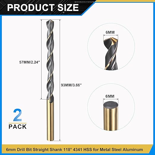 PATIKIL 6mm Drill Bit, Jobber Straight Shank 4341 High-Speed Steel 118째 Black and Gold Finish for Medium-Hard Metal Steel Acrylic - 2 Pack