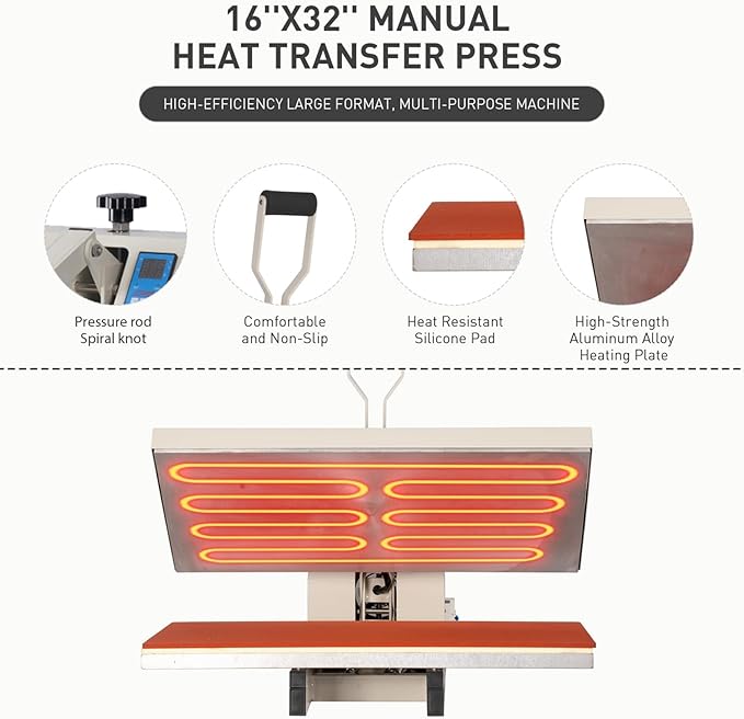 Heat Press 16x32 in, Large Format Manual Heat Press Machine for T Shirts, Swing Away T Shirt Pressing Machine for Garments Bag Textile Curtain Mousepad, with Slide-Out Base, Grey