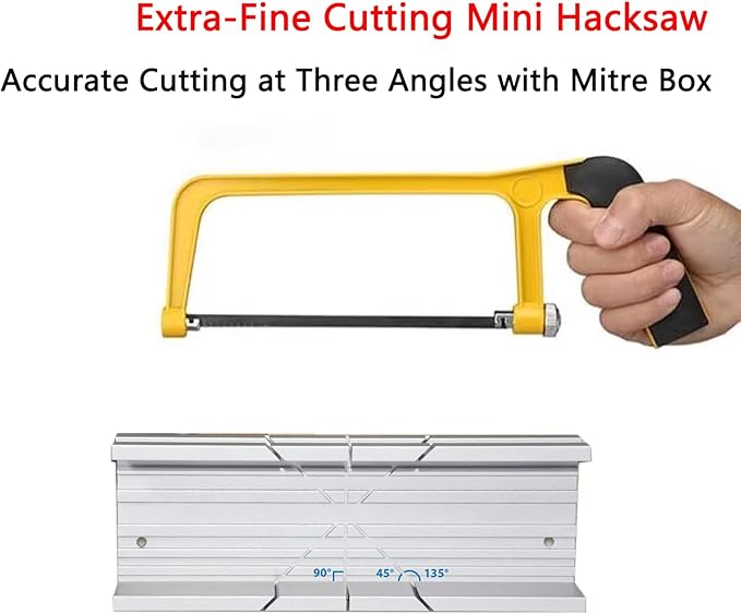 Mini Metal Miter Box and Saw Set, 6 Inch Extra Fine Cut Hand Saw, 5.3 Inch Small Aluminum Miter Box with 3 Hacksaw Replacement Blades for Crafts, Hobby Projects, Cutting Wood, Soft Metal