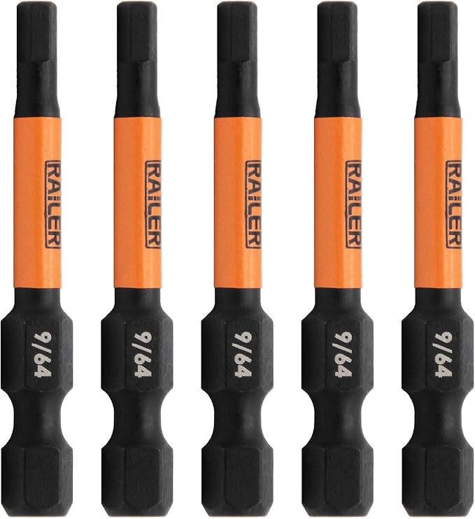 Hex 9/64" Impact Driver Bit - Railer Allen Wrench Drill Hex Bits. 1/4 Quick Release S2 Steel 2 inch 9/64" Hex Bits. (5 Pack)
