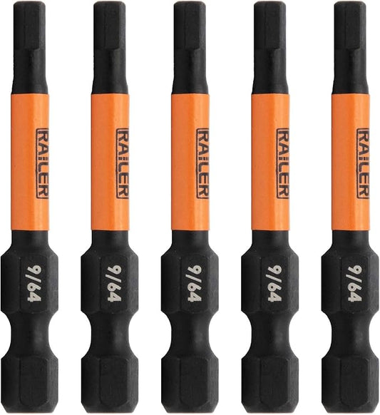 Hex 9/64" Impact Driver Bit - Railer Allen Wrench Drill Hex Bits. 1/4 Quick Release S2 Steel 2 inch 9/64" Hex Bits. (5 Pack)