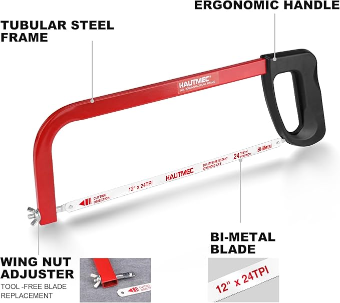 HAUTMEC 12-Inch High Tension Hacksaw, Lightweight Hack saw Frame with 24 TPI Bi-Metal HSS Blade, Adjustable Tension Hand Saw for Cutting Metal, Steel Pipe, PVC, and Wood – HT0398