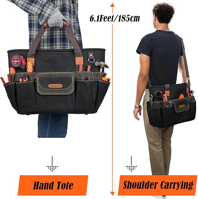 WELKINLAND 42-Pockets Electrician Tool Tote, 16-Inch Open Top Tool Tote, Heavy-Duty Electrician Tool Bag, Waxed-Canvas HVAC Service Bag, Easy-Access Bag For Tools, Stay-Up Tool Bags For Men