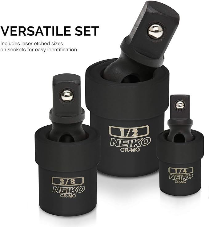 NEIKO 02486A Impact Universal Joint-Socket Swivel Set, Socket Extension Set Made From Cr-Mo with Included 1/4-, 3/8-, and 1/2-Inch Sockets, Set of 3