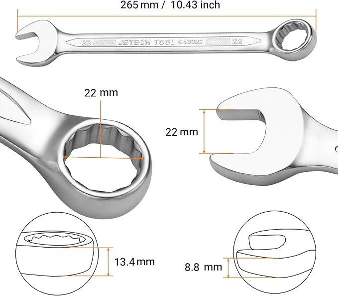 Jetech 22mm Combination Wrench - Industrial Grade Spanner with 12-Point Design, 15-Degree Offset, Made with Durable Chrome Vanadium Steel in Sand Blasted Finish, Forged, Heat-Treated, Metric