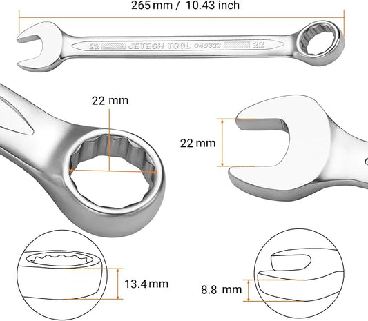 Jetech 22mm Combination Wrench - Industrial Grade Spanner with 12-Point Design, 15-Degree Offset, Made with Durable Chrome Vanadium Steel in Sand Blasted Finish, Forged, Heat-Treated, Metric