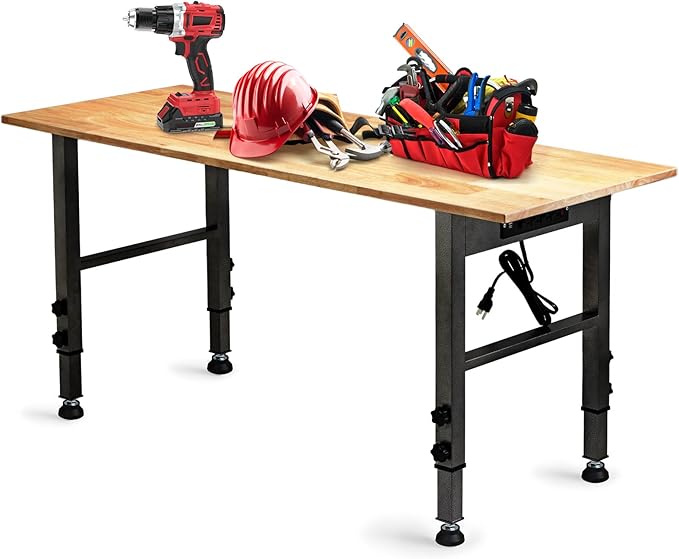 54.3 "Adjustable Workbench with Power Outlet, Heavy Duty 2000 LBS Load Capacity Hardwood Workbench Suitable for Workshop, Office, Garage, Home (Rubber Pad訝쭾ower Outlets 54.3"x21.6")