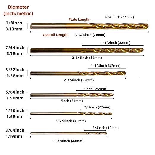 60PCS Mini Titanium Twist Drill Bit Set (3/64"-1/8"), HSS43 Fully Ground Micro Drill Bits for Wood, Metal,Plastic, Aluminum Alloy,Steels