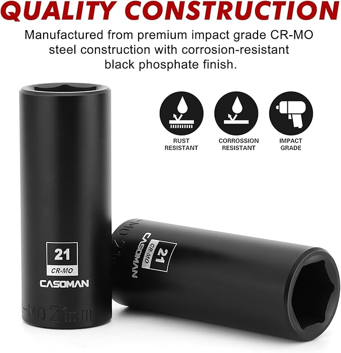 CASOMAN 1/2-Inch Drive x 21mm Deep Impact Socket, 6-Point, Metric, CR-MO