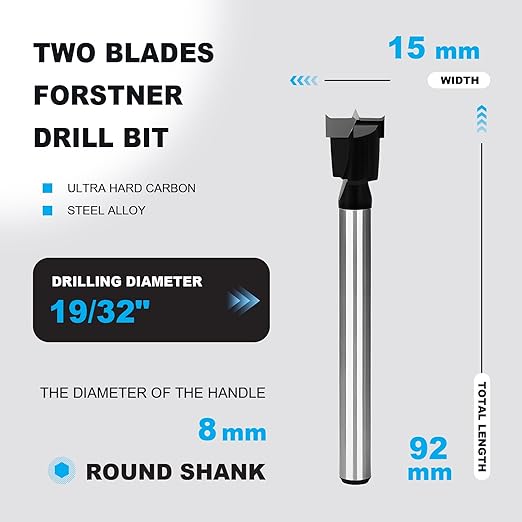 19/32 Inch Forstner Drill Bit Carbide Tipped,Woodworking Hinge Cutter for Precise Flat Bottom Holes in Hard Wood,Plywood,Plastic - Professional Grade