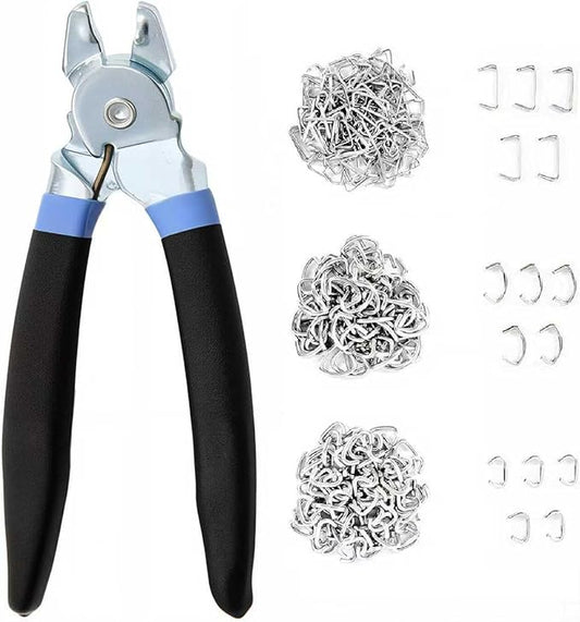Hog Ring Pliers Kit with 300 Pcs 3/4" 1/2" 3/8" Galvanized Steel Hog Rings,Bent Hog Ring Pliers Kit for Auto Upholstery and Fencing,Bagging,DIYCraft,Furniture(Blue)