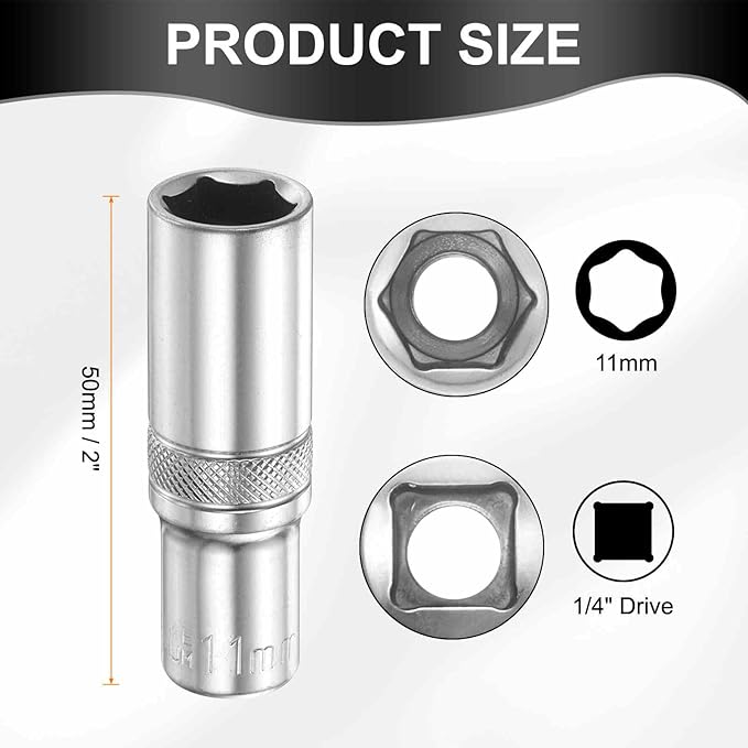 HARFINGTON 6 Points Deep Socket 1/4" Drive 11mm Deep Metric CR-V Steel Polished Nickel Plating Flip Sleeve 50mm / 2" Extra Long Socket Tool for Home Auto Nuts Bolts Repair