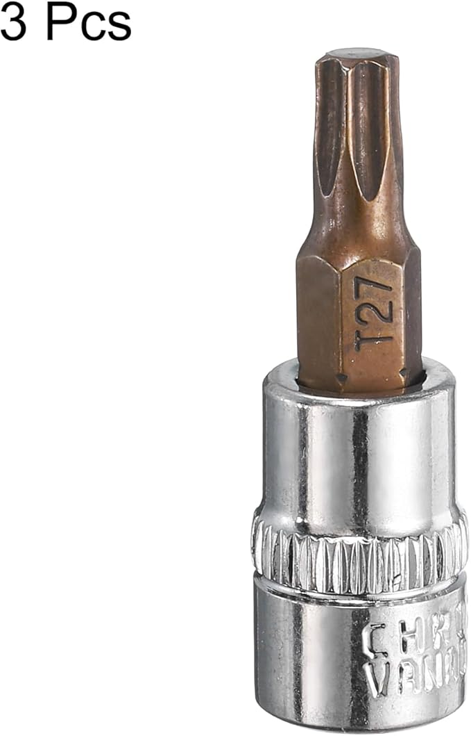 uxcell 3pcs 1/4" Drive x T27 Torx Bit Socket, S2 Steel Bits CR-V Sockets 38mm Length Use with Ratchet Wrench, Slide Bar, Extension Rod