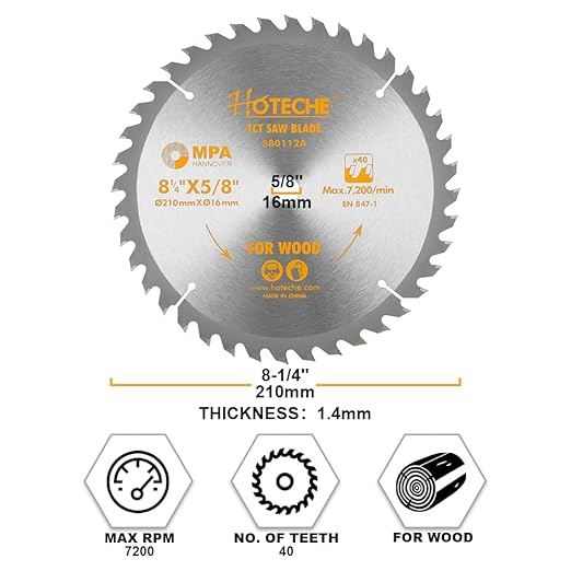 Hoteche 8-1/4-Inch Circular Saw Blade for Wood 40-Tooth Tungsten Carbide-Tipped Blade High-Performance Professioal Saw Blade for Miter Saw and Table Saws, Hole Size 5/8-inch