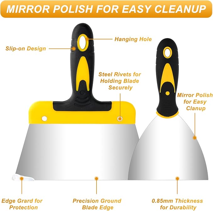 Lasnten 9 Pcs Drywall Knife and Drywall Corner Tool Set Includes Paint Scraper Knives Inside Outside Stainless Steel Corner Trowel, 16" Mud Pan Mixer with Soft Grip Handle for Wallpaper