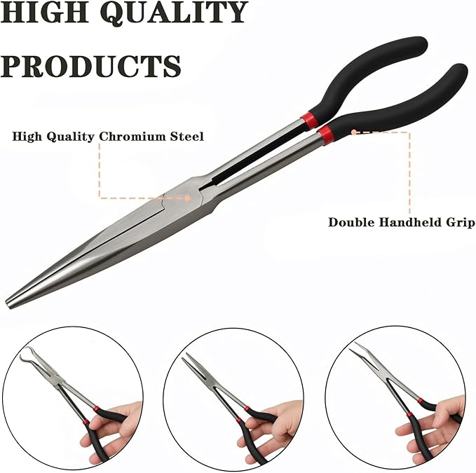 4 Pcs Extra Long Needle Nose Pliers Set, 11" Long Reach Pliers with Insulated Grip Handles - Straight Plier, 45/90 Degree Curved Pliers, O-shape Tip Needle Nose Plier, Spark Plug Removal Tool