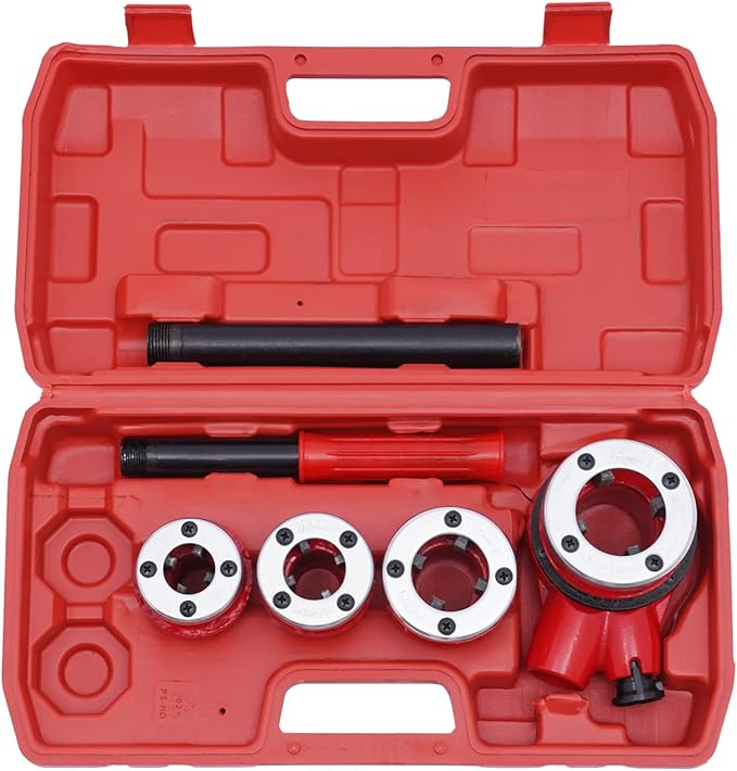 Eapmic Portable Pipe Threading Tool Set Manual Ratchet Pipe Threader Kit Handheld BSTP Ratcheting Pipe Threader with 5 Dies Set 1/2", 3/4", 1", 1-1/4" for Steel, Galvanized, Iron, Plastic Pipes