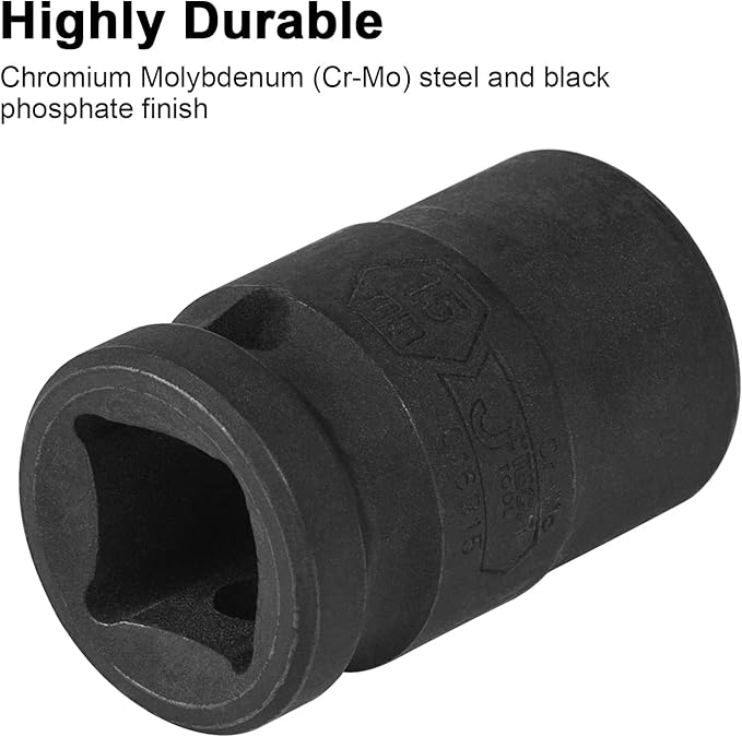 JETECH 1/2 Inch Drive 15mm Standard Impact Socket, Chrome Molybdenum Alloy Steel, 6-Point Design, Metric