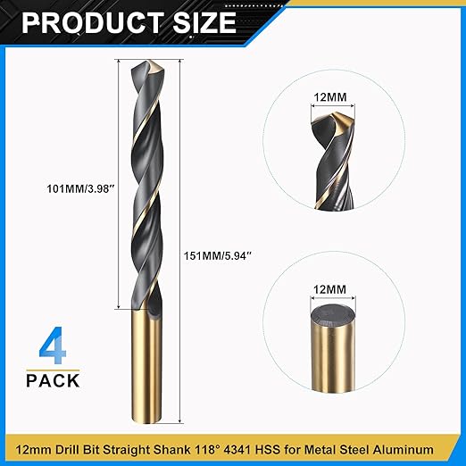 PATIKIL 12mm Drill Bit, Jobber Straight Shank 4341 High-Speed Steel 118째 Black and Gold Finish for Medium-Hard Metal Steel Acrylic - 4 Pack