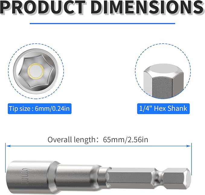 FOCKEAMS 5Pcs 6mm/0.24in Magnetic Nut Setter Driver Drill Bit,Quick-Change,Impact Nut Driver Kit for Electric Drill,1/4" Hex Shank Drill Socket,65 mm Length Cr-V Adapter Drill Bits,Metric&SAE