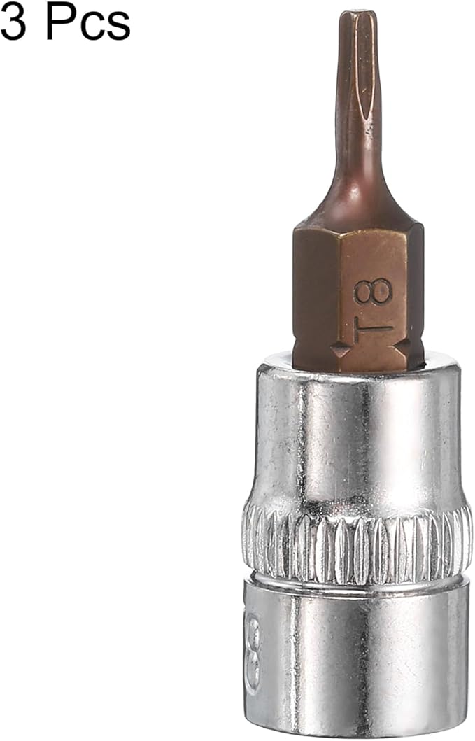 uxcell 3pcs 1/4" Drive x T8 Torx Bit Socket, S2 Steel Bits CR-V Sockets 38mm Length Use with Ratchet Wrench, Slide Bar, Extension Rod
