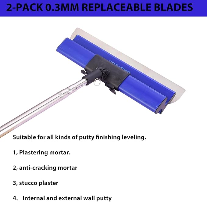 Drywall Tools Skimming Blade with Extension Handle - 12", 20" & 32" Blades with 2 Pack 0.3 mm Blades, Construction Tools End Caps, Wall-Board with Outer Box in Blue