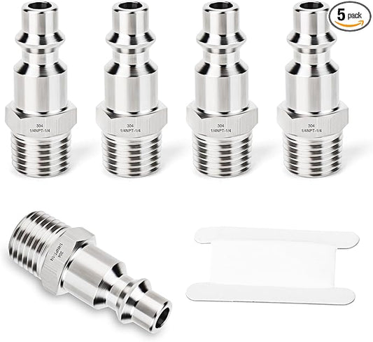 GASHER 5PCS Industrial Air Plug, 304 Stainless Steel 1/4"NPT Male, 1/4" High Flow Pneumatic Plugs
