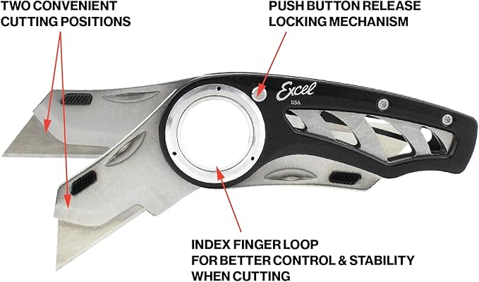 Excel Blades Revo Folding Utility Knife ??Heavy-Duty Box Cutter with Aluminum Body, Quick-Change #92 Blades, 3 Lock Positions Design, Anti-Slip Finger Loop Grip, Holster Included ??Black