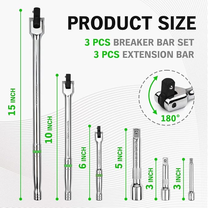 SWANLAKE GARDEN TOOLS 6-Piece Premium Breaker Bar Set, 1/4", 3/8" & 1/2" Drive, Heavy Duty Breaker Bars, 6-inch, 10-inch, 15-inch Length with 180째 Rotatable Head