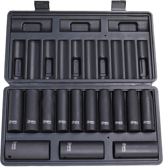 1/2" Drive Deep Impact Socket Set, 13 Piece and Metric 10-24mm, 6 Point Cr-V Alloy Steel for Auto Repair, Easy-to-Read Size Markings, Rugged Construction, Storage Case