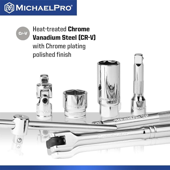 MichaelPro 50-Piece 3/8'' Dr. Socket Set, 90-Tooth Standard & Deep Sockets, SAE 3/8''- 13/16'' & Metric 8-22mm, with Extensions, 8'' Flex Handle, Sliding T-Bar, Universal Joint, CR-V Steel | MP005060