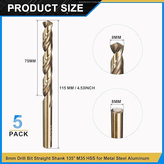 PATIKIL 8mm Drill Bit, Jobber Straight Shank M35 Cobalt 5% High-Speed Steel 135째 Gold Finish for Stainless Steel Hard Metal - 5 Pack