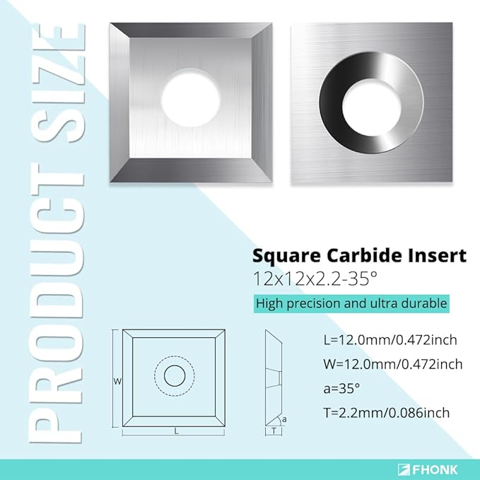 12mm Square Straight Carbide Cutters, for Woodturning Replacement Cutter Knives, Fits Spiral, Helical Planer Cutter, Wood Lathe Turning Tool, 10-Piece (12x12x2.2-35째)