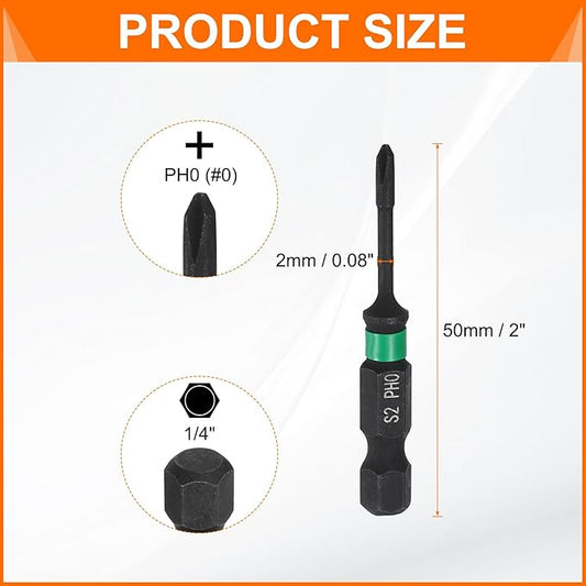 HARFINGTON 3pcs #0 Impact Phillips Screwdriver Bit PH0 1/4" Hex Shank 2" (50mm) Long 0.08" Rod Magnetic Cross Head Drill Bits S2 Steel Industrial Screw Driver for Impact Power Drivers