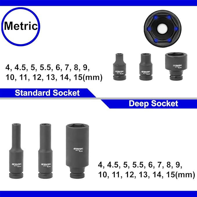 Stark USA Elite 53PCS 1/4" DR Master Impact Socket Wrench Set, Universal Socket Adapter SAE (3/16" - 9/16") & MM (4 to 15)