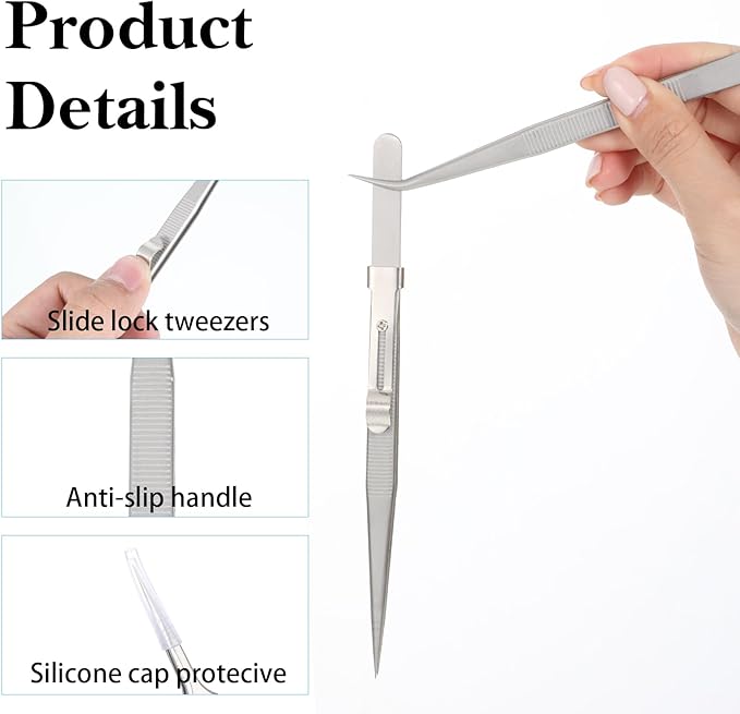 Precision Tweezers Set, 5 Pcs Anti-Static Stainless Steel Long Tweezers Thin Soldering Tweezer Curved of Tweezer for Craft, Electronics, Soldering, Jewelry Making, Laboratory Work