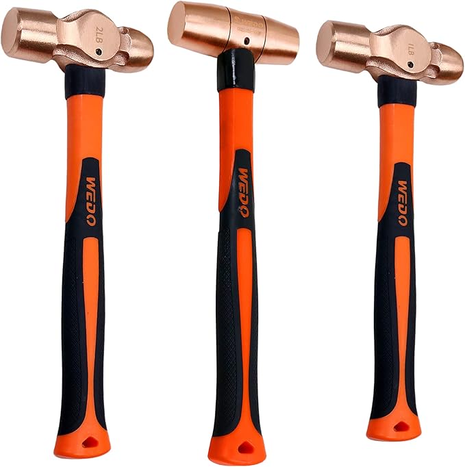 WEDO 3PCS Copper Hammer Set with Fiberglass Handle,1lb Ball Pein Hammer,2lb Ball Pein Hammer,2lb Drum Type Hammer,Die-Forge,Corrosion Resistant