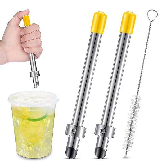 Lasnten 2 Pack Straw Puncher for Plastic Lids Lemonade Cups, Stainless Steel Straw Hole Puncher Punching Tools for Cafe Drinks Deli Container Squeezed Fresh Lemonade Stand Supplies(6.3 Inch,Yellow)