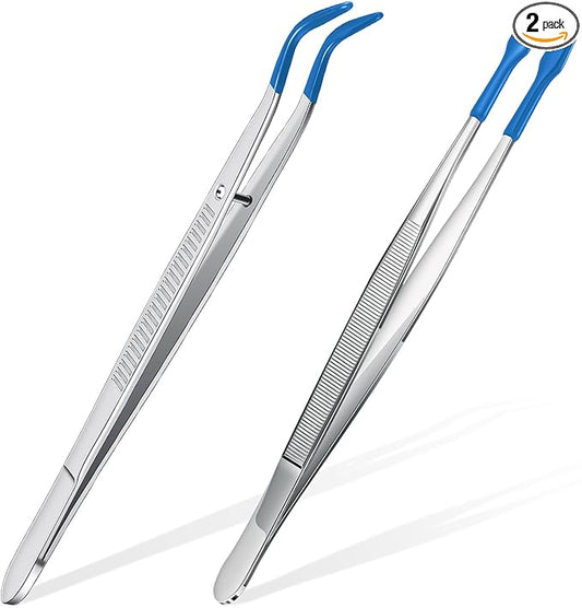 2 Piece Tweezers with Rubber Tips Set - Bent and Straight Flat Tips Tweezers PVC Coated for Stamp Coins Jewelry Crafts, Electronics(Silver, Blue)