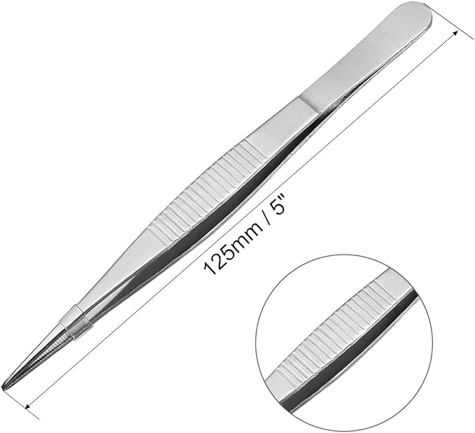 uxcell 5 Pcs 5-Inch Stainless Steel Straight Pointed Tweezers with Serrated Tip